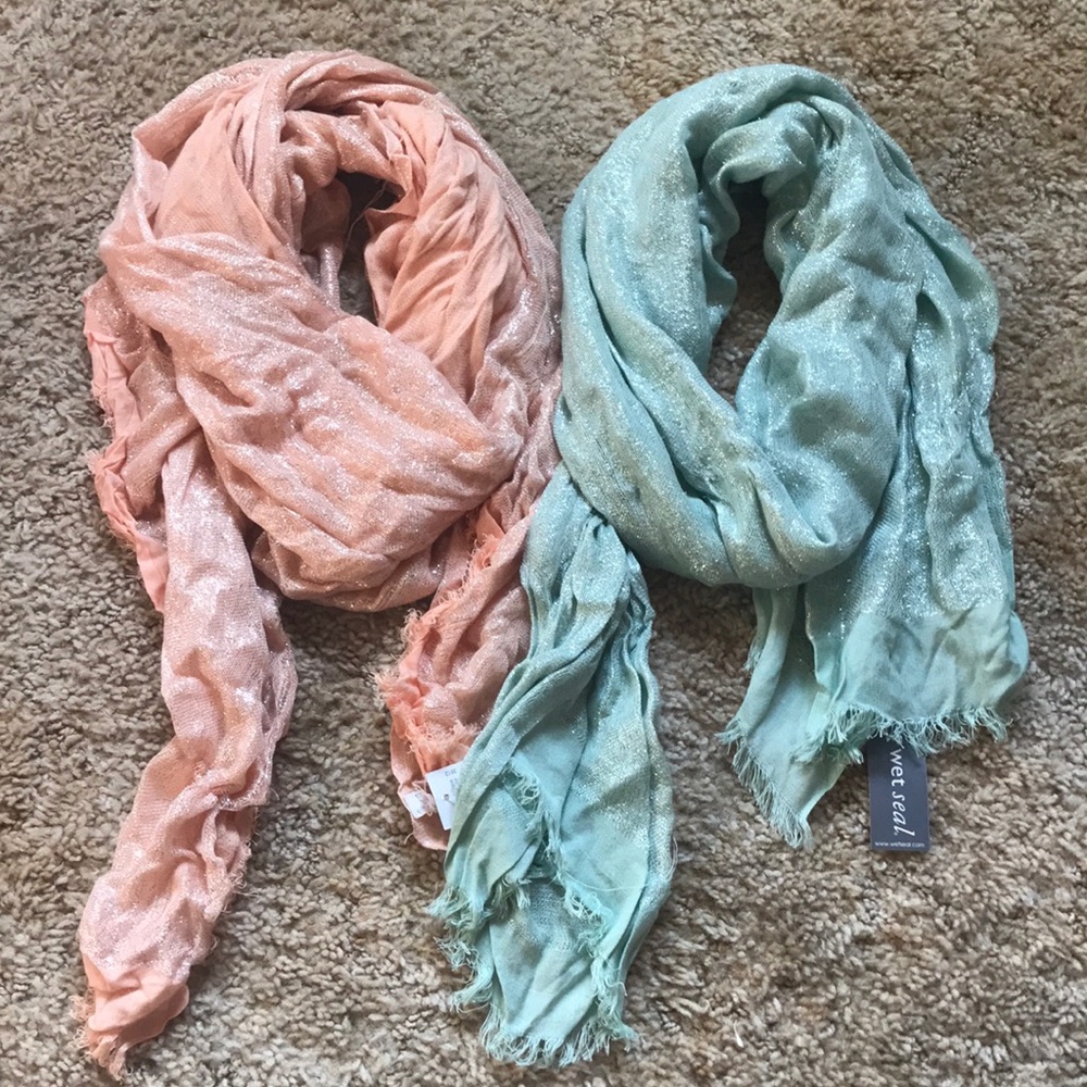 Wet Seal Set of 2 Peach Green Shimmer Scarves NWT